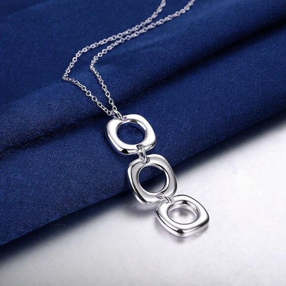 Leanna Geo Retro Open Square Trio Drop Sterling Silver Necklace Gift Boxed - Picture 3 of 10